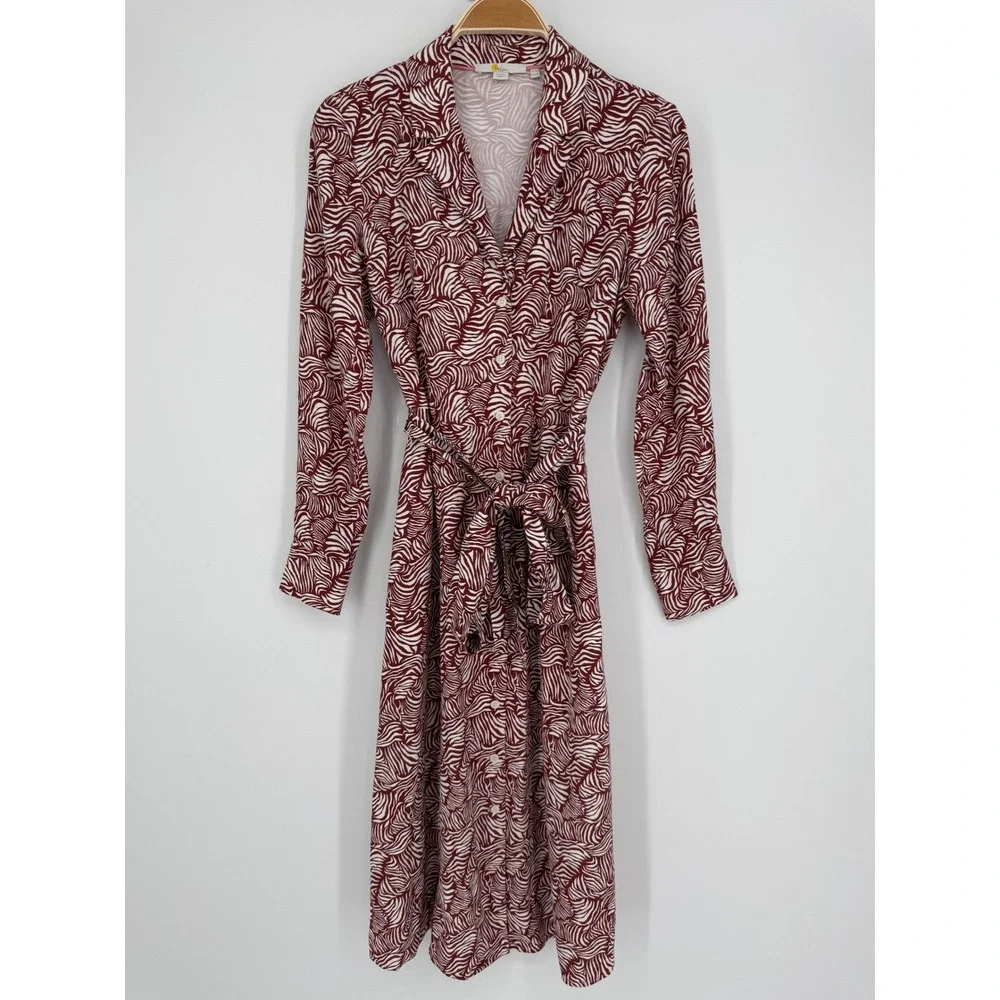 Boden Ottilie Shirt Dress Size 6 Maroon White Wave Print Midi Long Sleeve Belted - Picture 2 of 10